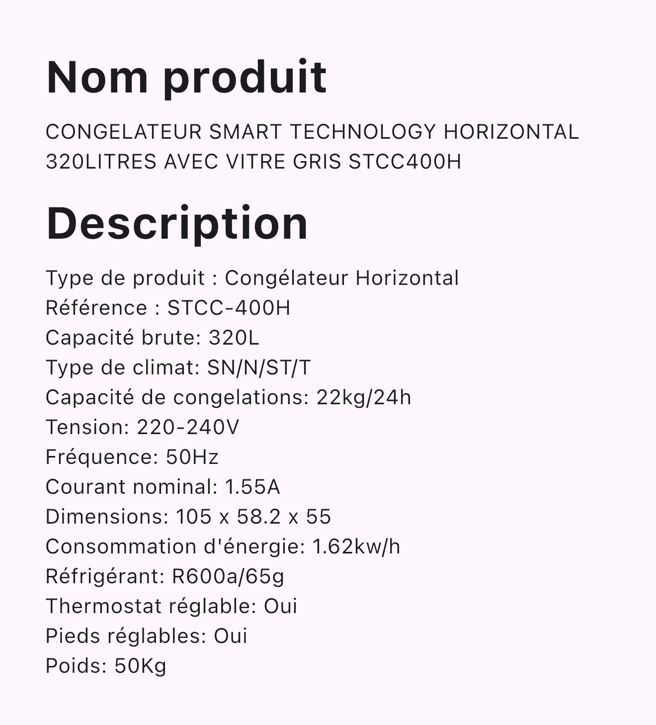 CONGELATEUR SMART TECHNOLOGY HORIZONTAL 320LITRES AVEC VITRE GRIS STCC400H