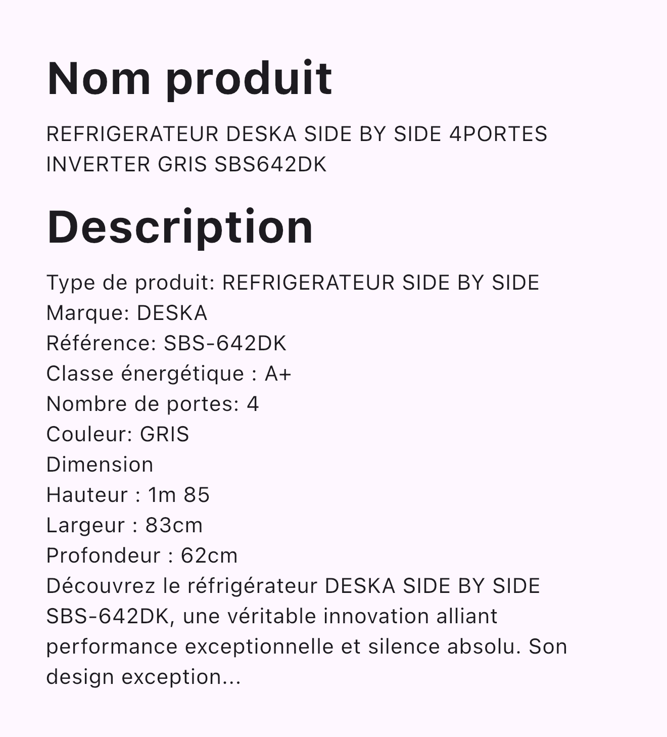 REFRIGERATEUR DESKA SIDE BY SIDE 4PORTES INVERTER GRIS SBS642DK